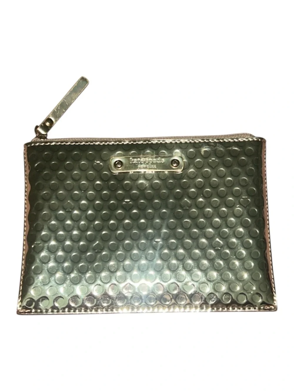 Kate Spade Gold Metallic Slim Mini Flat Cosmetic Zipper Pouch EUC